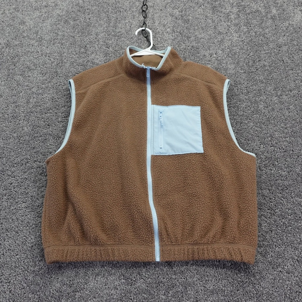 SO Vest Womens Large Brown Blue Faux Fur Fleece Full Zip Mock Neck